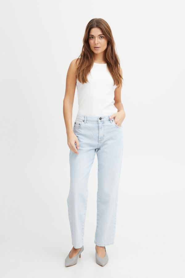 Pulz Lucy Mom Jeans Straight Leg in Bleached Blue Denim
