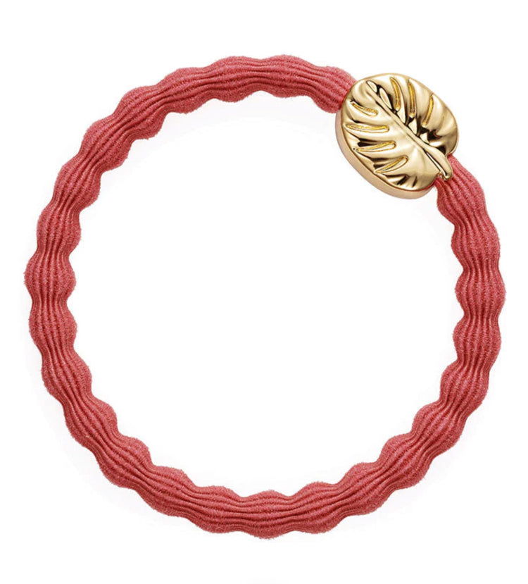 By Eloise Gold Palm Leaf Bubble Elastic Hairband in a Neon Peach
