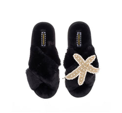 Laines London Black Slippers with Gold Starfish